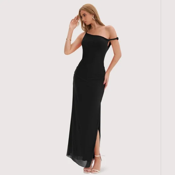 2026 New Release Modal Ruched Twist Strap Maxi Dress – Size Large – Black - Picture 3 of 5